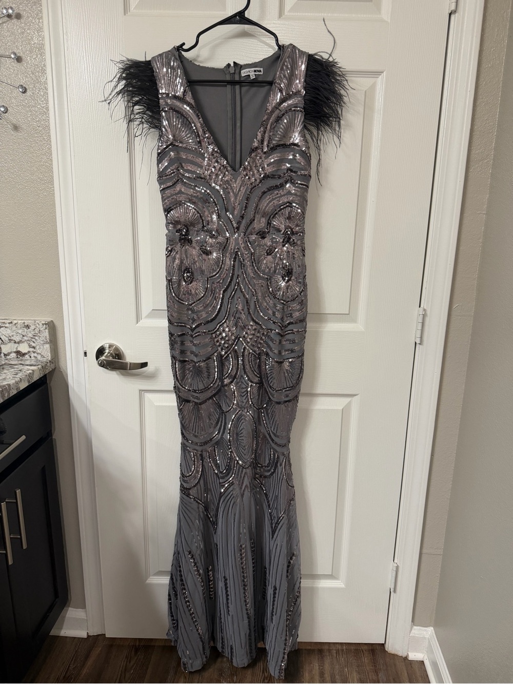 Fashion Nova Silver-Gray Beaded Feather-Trim V-Neck Gown